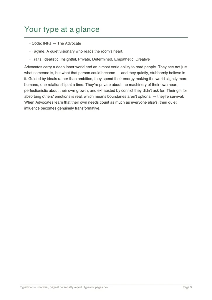 Report page showing type at a glance: code, tagline, traits